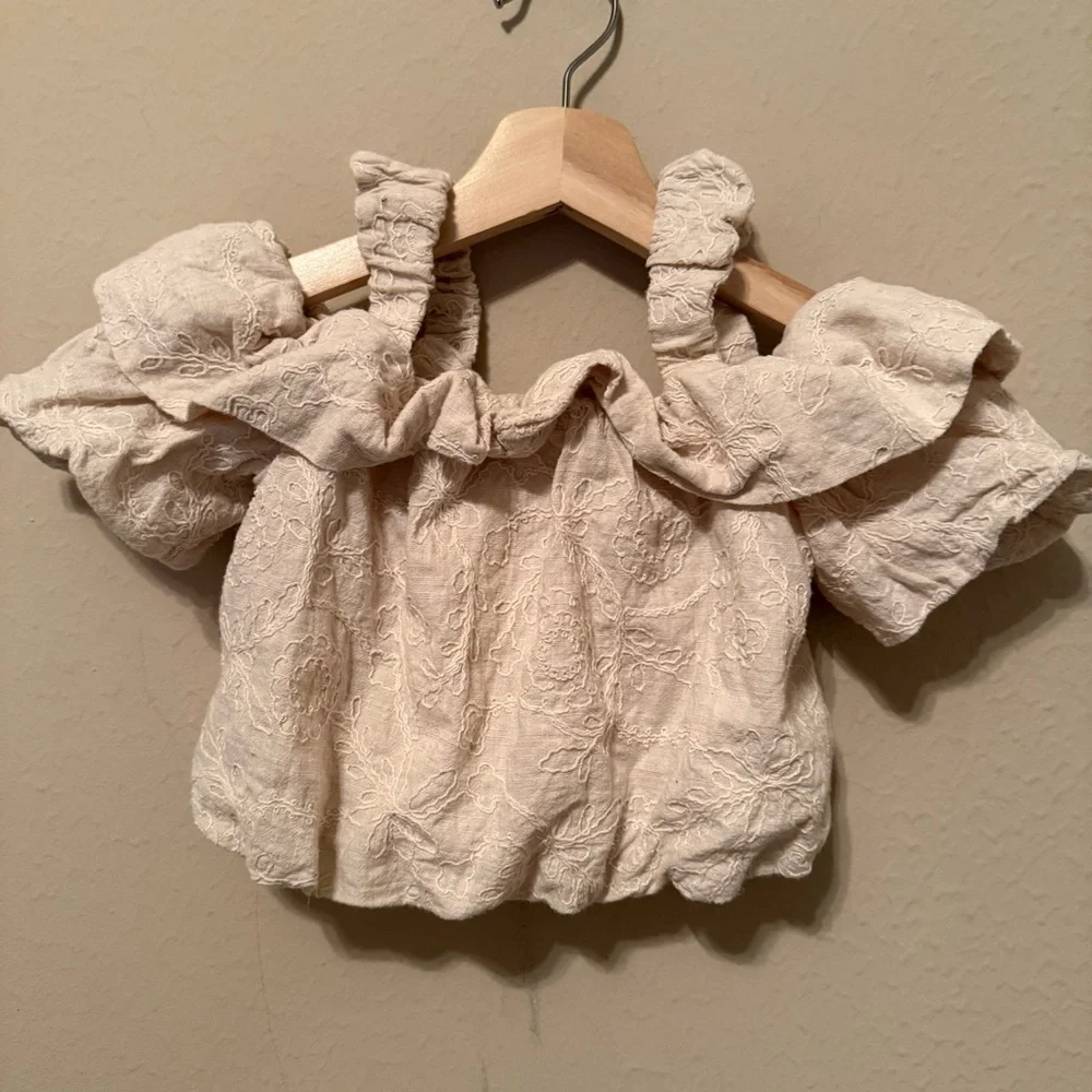 Zara Kids Beige Embroidered  Puff Sleeve Crop Top Off The Shoulder Size 9